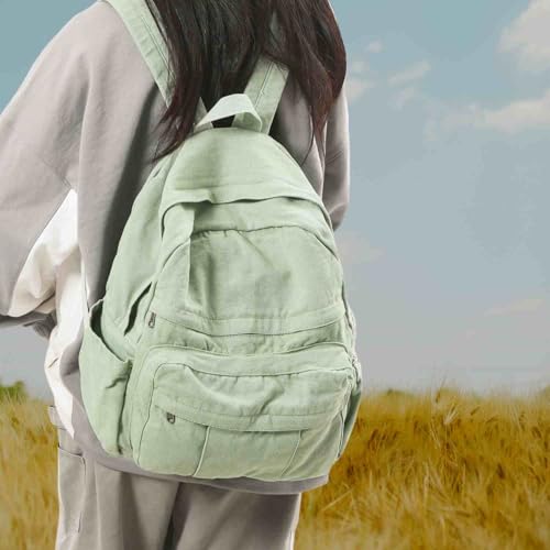 Image of Sage Green Canvas Backpack for Women Retro Aesthetic Rucksack Basic Backpack for High School /College Students Travel Laptop Bag