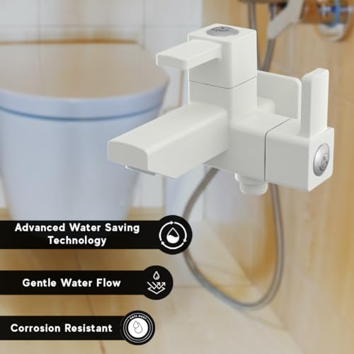 Image of RN PTMT Superior Plastic Faucet 2 in 1 Bib Cock Tap for Bathroom | Wall Mount Tap for Bathroom & Outdoor with Flange (White) RNVIP01A16 | 20mm(3 /4 inch) Cartridge