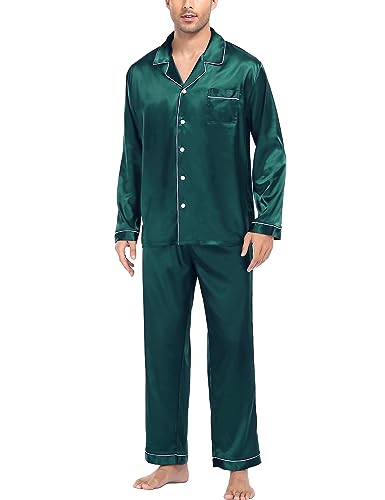 SWOMOG Mens Silk Satin Pajamas Set Long Sleeve Sleepwear Button-Down Pj Two-piece Loungewear with Long Pants (Green，Small)