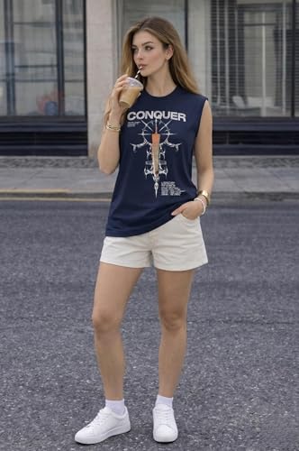 Image of Women's Printed Cotton Sleeveless Vest | Round Neck t-Shirt|Casual Gym Tank Top-M8299