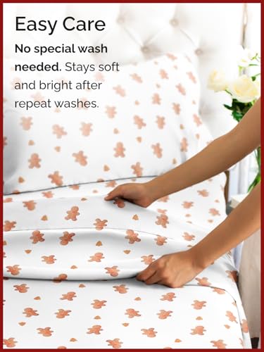 Full Gingerbread Man Sheet Set - Holiday Xmas Pattern Bedding Set - Deep Pockets - Snug Fit - 4PC - Wrinkle Free & Easy Care - Comfy Festive Winter - Holiday Sheets for Women, Men, Kids & Teens