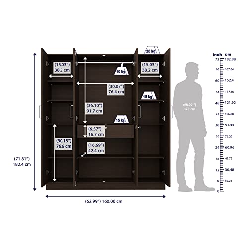 Image of Wakefit Wardrobe | 1 Year Warranty | Engineered Wood Almirah, Cupboard for Clothes Storage | 4 Door, 1 Drawer, 1 Hanging Space | Gingham - Wenge