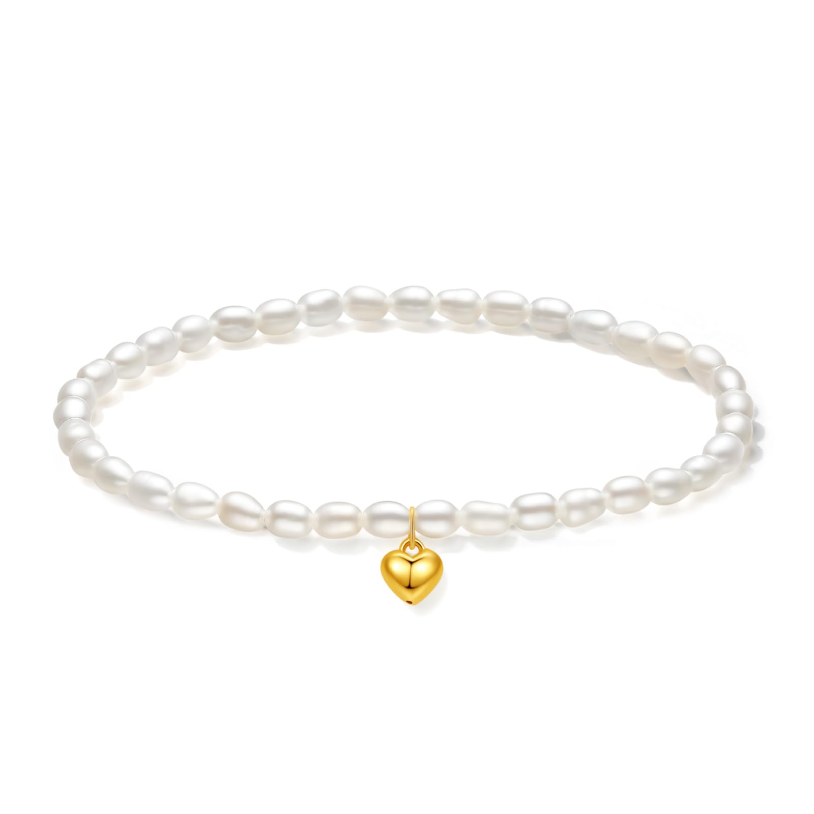 ZHOU LIU FU 18K Gold Süßwasserperle Stretch-Armband 750er Gelbgold Herz Charm Weiße Perlen Beaded Armbänder Schmuck für Damen Mutter Braut Geschenke Hochzeit Geburtstag Jahrestag 17cm