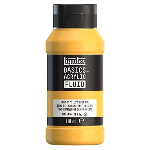 LIQUITEX Basics Fluid - Pintura acrílica de consistencia fluida, secado rápido, resistente a la luz, impermeable, acabado satinado permanente, bote 118 ml, tono amarillo de cadmio oscuro