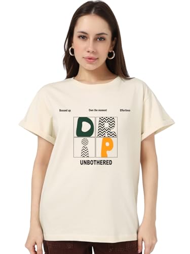 Image of Bewakoof Women's 100% Cotton Typography Boyfriend Fit Half Sleeve Round Neck T-Shirt | Casual wear | Streetwear | Oversized Tshirt for Woman Cotton| Baggy