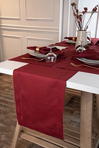 D'Moksha Homes Linen Table Runner - 14 x 108 Inch, 100% Pure Linen, Classic Hemstitch, Dark Red, Machine Washable, Farmhouse Style - Image 2