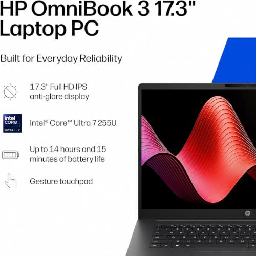 Image of HP 17.3 inch New-Gen OmniBook AI Laptop, Intel Core Ultra 7 255U, 16GB DDR5 RAM, 1TB PCIe SSD, FHD IPS Display, Wi-Fi 7, Backlit Keyboard, Windows 11 Pro