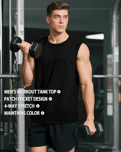 Huukeay 3 Pack Cotton Men's Big and Tall Sleeveless Tank Tops Muscle Shirts Gym Casual Workout Tees with Pocket2