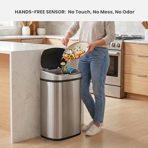 Image of iTouchless 13 Gallon Oval Sensor Trash Can with Odor Filter, Fingerprint-Proof Stainless Steel, 50 Liter Automatic Kitchen Garbage Bin, Smart Hands-Free Motion Lid, Quiet Soft-Close, Brushed Silver