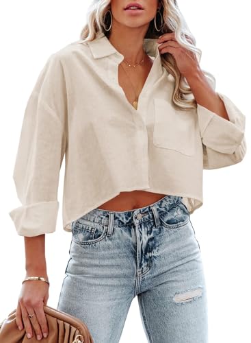 Imily Bela Damen Bluse V-Ausschnitt Crop Hemd Sommer Langarm Hemden 100%...