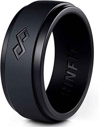 シリコーンウェディングリング 男性用-Rinfitデザイン医療グレードエンゲージメント/ウェディングシリコーンラバーリング-ユニークミックスコレクション-メタルフリー、安全で快適な男性用ウェディングバンド 9 ブラック