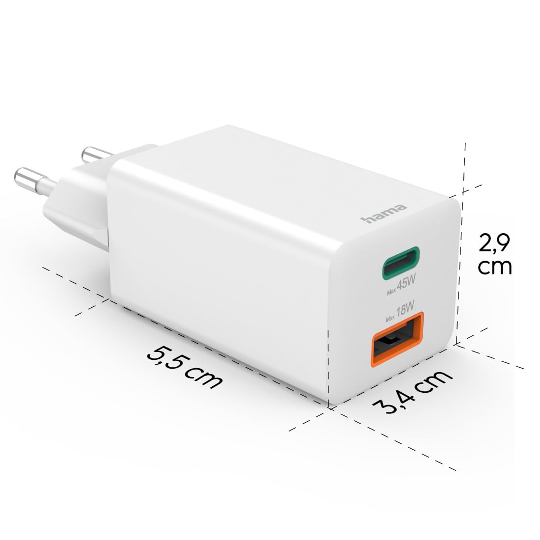 Hama Ładowarka sieciowa mini 45 W, 1x USB typ C, 1x USB A (mała, lekka, adapter ładowania, Power delivery, Quick Charge, wydajna, szybka) biała