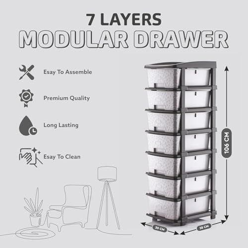 Image of 7XL Plastic Modular Drawer Storage Chest Of Drawers Organizer, Large Stomo Racks For Multipurpose Use Likes Home,Office,School (Grey, 7 LAYER) (30cmx38cmx106 cm)