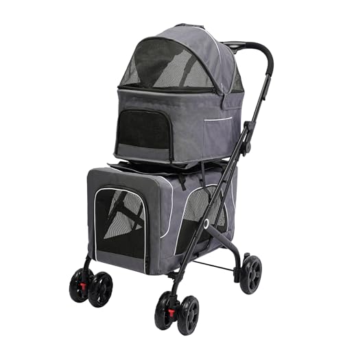 Cat Strollers with 2 Detachable Carrier Bags, Double Cat Strollers Small Doggy Pet Stroller Folding Dog Stroller for Small Medium Dogs Cats Puppy (Grey)
