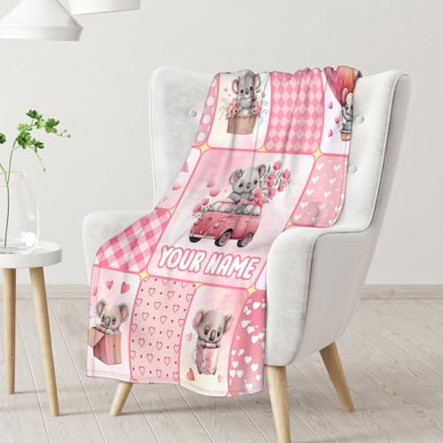 Personalized Koala Blanket Gifts with Name - 60"x80" Cute Throw for Women, Girls - Pink Soft Fuzzy Blankets for Bed, Couch & Living Room