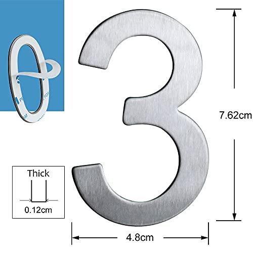 3 Inch House Numbers Sticker Stainless Steel, Self-Stick Metal Address Mailbox Number Satin Sign 3 #TOP6