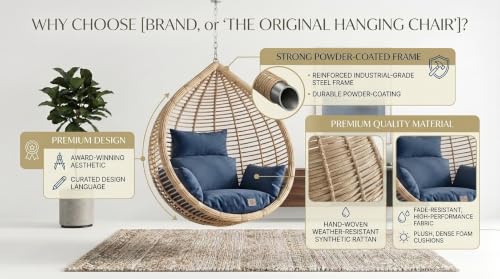 Image of UNIVERSAL FURNITURE Hanging Egg Swing Chair with Stand, Woven Wicker Rattan Style Swing with Cushion, Freestanding Indoor Outdoor Hanging Chair for Patio, Balcony, Garden & Porch (Beige & Blue)
