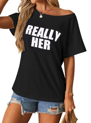 Image of Hilinker Womens Sexy Off The Shoulder Tops Short Batwing Sleeve T Shirt Oversized Graphic Tees Black Really Small
