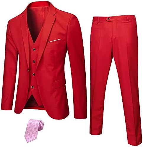 YND Men's Slim Fit 3 Piece Suit Set with Stretch Fabric, One Button Blazer Vest Pants, Solid Party Wedding Dress, Jacket Waistcoat and Trousers with Tie Red