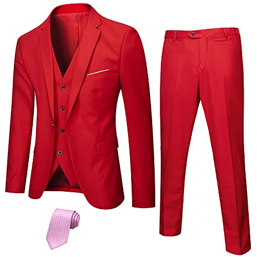 Ynd Men's Slim Fit 3 Piece Suit Set With Stretch Fabric, One Button Blazer Vest Pants, Solid Party Wedding Dress, Jacket Waistcoat And Trousers With Tie Red #TOP13