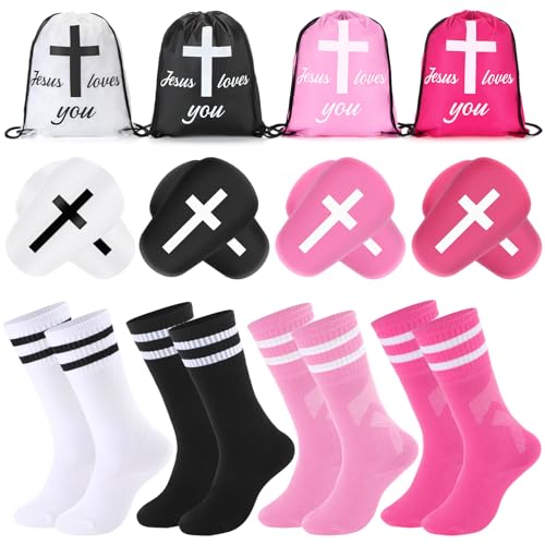 Yearntown 4 Sets Soccer Shin Guards and Socks for Kids 3-6 Bible Verse Party Favors Mini Cross Shin Guard Jesus Loves You Drawstring Backpacks Christian Gift for Toddler Girls Boys (Black and Pink)