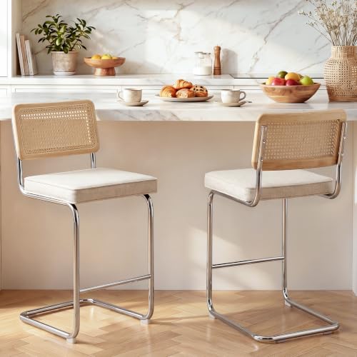 Image of Zesthouse Natural Rattan Counter Stools Set of 2, 26'' Modern Counter Height Barstools, Thin Linen Bar Stools with Solid Wood Back, Mid Century Cantilever Bar Chairs for Kitchen Island, Beige Grayish