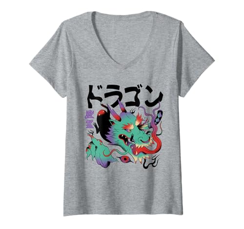 Womens Weirdcore Psychedelic Trippy Japanese Surreal Yokai Dragon V-Neck T-Shirt