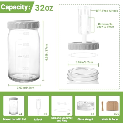 4-Pack Mason Jar Fermentation Kit(Jars Included) Four 32oz Fermentation Jars with Plastic Fermenting Lids, Airlocks, Silicone Rings & Grommets, and Glass Weights for Easy Fermenting & Storage