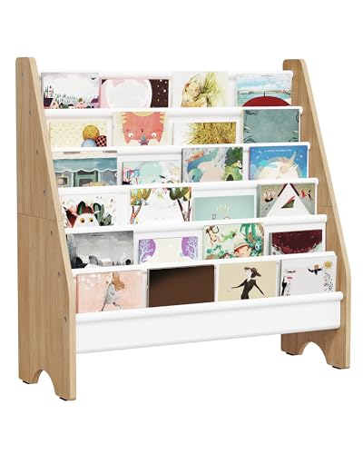 Image of CHOEZON 6-Tier Kids Bookshelf, Book Shelf for Kids Room, Sling Bookcase, Magazine and Book Storage Rack, Large Capacity Book Organizer for Nursery, Bedroom, Playroom, White and Natural MCW07WB