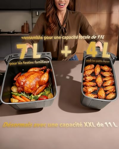 Air Fryer 11L Double friteuse sans huile XXL(4+7L) 2 compartiments Airfryer 2600w Dual Zones,10-in-1 Programmes, Écran Tactile & fonction SYNC, Rappel de Secousse, passe au lave-vaisselle – Image 4