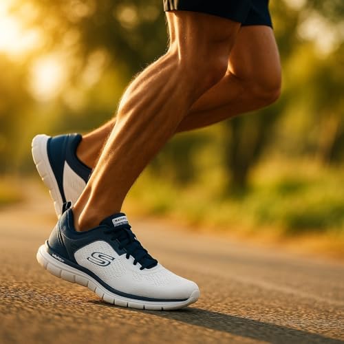 Image of Skechers Men's Track BROADER, Off White Engineered Mesh Pu Navy Trim, 8
