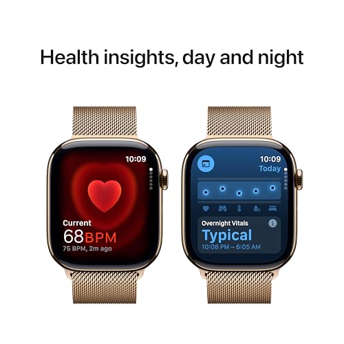 Image of Apple Watch Series 10 [GPS + Cellular 46 mm] Smartwatch with Gold Titanium Case with Gold Milanese Loop - S /M. Fitness Tracker, ECG App, Always-On Retina Display, Carbon Neutral