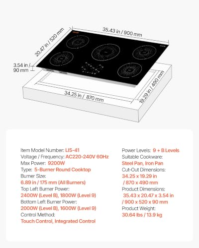 Image of VEVOR Built in Electric Stove Top,Electric Induction Cooktop 36In 5 Burners, Induction Cooktop, Touch & Independent Control, 9 Power Levels, Easy-Clean Ceramic Glass, Child Lock, 9200W, 220V No Plug