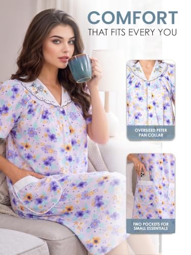 Image of Casual Nights Women's Snap - Front House Dress Short Sleeve Woven Housecoat Duster Lounger Robe with Pockets
