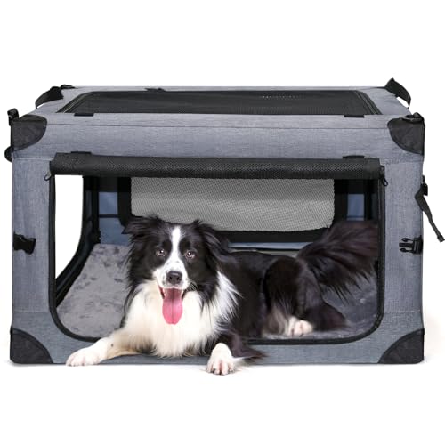 NEZUC Soft Collapsible Dog Crate - 24 Inch Portable Soft Sided Travel Dog Crates for Small Dogs, 4-Door Foldable Dog Carrier, Pet Kennel Indoor & Outdoor (Gray, 24.0" L x 17.0" W x 17.0" H)