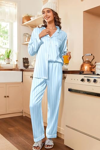 Image of Ekouaer Women's Classic Button Down Long Satin Silk Pajama Set