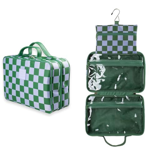 Green Gambit Checkered Hanging Travel Bag, Toiletry Bag, Makeup Bag for Women, Portable Water-resistant Small Travel Bag for Toiletries & Cosmetic Essentials