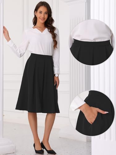 Allegra K High Waist A-Line Midi Skirt for Women's Flare Pleated Knee Length Skirt with Pocket2