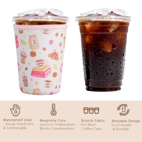 Image of Reusable Insulated Sleeve for Iced Coffee Cup, Coffee Neoprene Sleeve for Cold & Hot Drinks, Beverage Holder for Iced Coffee (Party Treats, Large: 32oz)