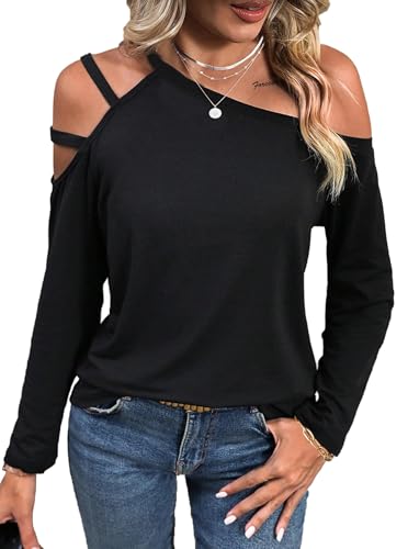 LilyCoco Women's Cold Shoulder Long Sleeve Top Asymmetrical Loose Casual Shirts