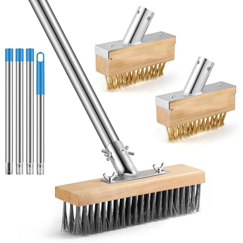 COZCLAM Heavy Duty Wire Broom Set with 61 Stainless Steel Handle 8 Floor Scrubber & 2 Crevice Brushes for Patio Deck Driveway Garden Outdoor Cleaning Moss Algae Grime Remover