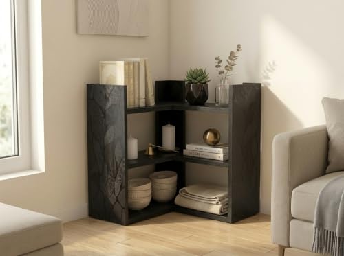 Image of Multipurpose 3 Tier L Shaped Wooden Storage Rack For Kitchen, Living Room and Utility Storage, Dark Elegance