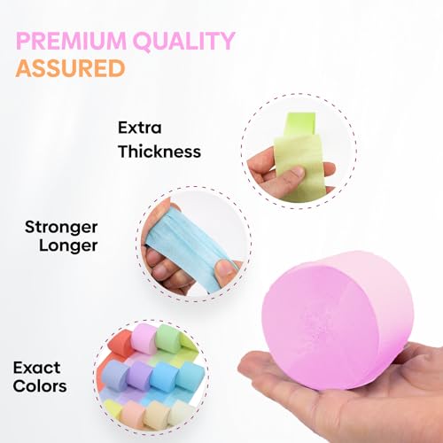 Image of 12 Pastel Crepe Paper Streamers, 656ft Pack of Party Decorations | Each roll is 82 ft long and 1.8 Inch wide ideal for Birthday Party Decor, Baby showers and Easter Celebrations