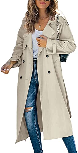 Chollius Gabardina para mujer Abrigo de moda para mujer Gabardina elegante Gabardina larga con doble botonadura Gabardina clásica Primavera Otoño Invierno Abrigo Rompevientos S-XXL