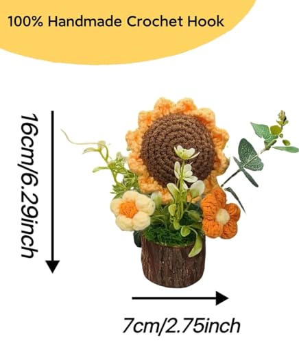 Image of VRB DecTM 1 Pcs Crochet Flowers Artificial Sunflower for Office Desk Car Dashboard Decor,Home Decoration, Office, Bedroom (Sunflower Artificial Plants with Pot Wodden - 1 Pcs)