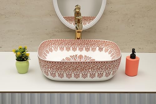 Image of Moroccan Design Ceramic Tabletop Wash Basin | Countertop Vessel Sink | Wash Basin over counter For Bathroom Hotel Home (18x13x5.5 Inch) (TORO 4014) (Moroccan Design 104)