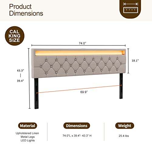 Ikifly Upholstered California King Size Led Headboard With Led Lights & 2 Usb Ports - Adjustable Height - Button Tufted Linen Fabric Padded Headboard Only, Easy Assembly - Light Brown/Cal King #TOP7