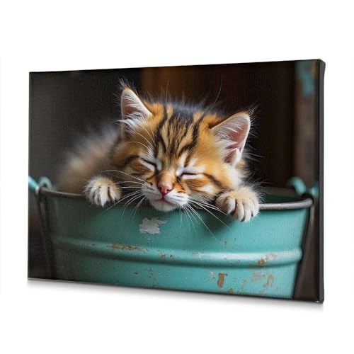 Décoration murale de Pâques pour salon : tableau chaton et seau vert PKRD
