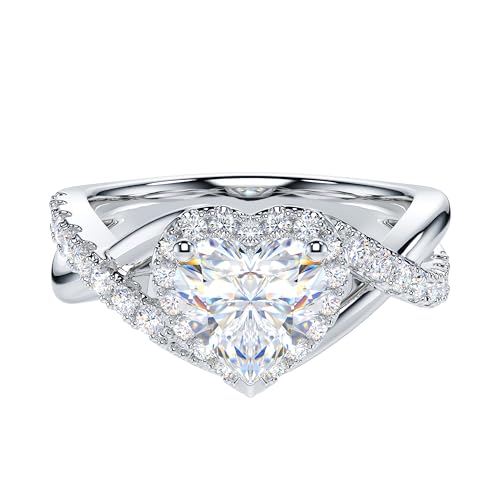 THELANDA Genuine Moissanite or Simulated 1CT Heart Shape Diamond Sterling Silver Crossover Infinity Split Shank Halo Promise Engagement Ring