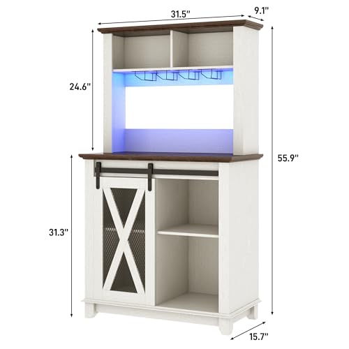 Image of 31.5 inchWide Farmhouse Coffee Bar Cabinet with LED Light,Wine Bar Cabinet w /2 Storage Hutch,Kitchen Buffet Cabinet w /Sliding Barn Door & Wine and Glass Racks for Kitchen Dining Room(Antique White)
